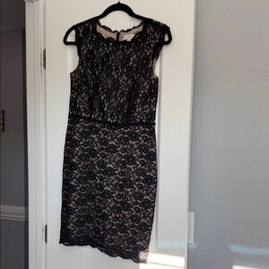 LOFT Black and Cream Lace Midi Dress